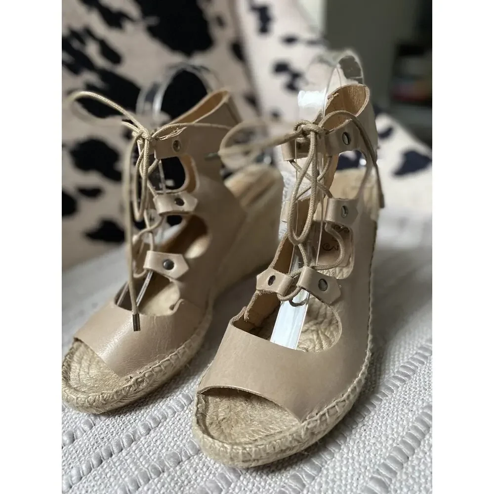 Carmen Saiz Anthropologie Leather Espadrille Wedge‎ Sandals Tie~38. US 7.5- 8